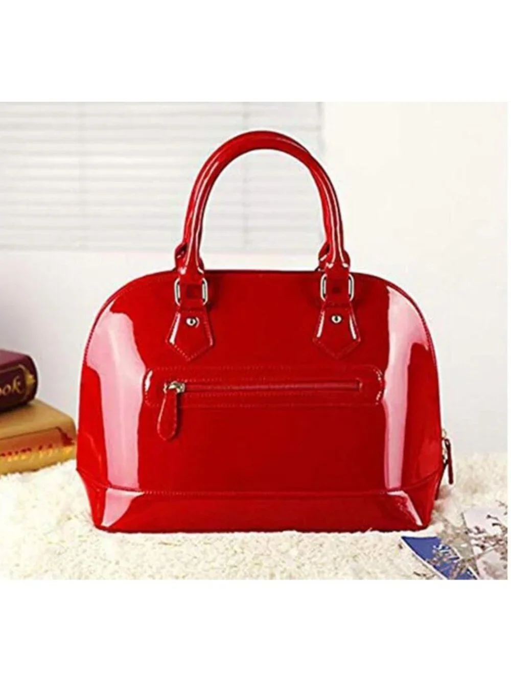 Shiny Patent Leather Dome Satchel Handbag - Large Multi-Pocket Zip-Around Purse